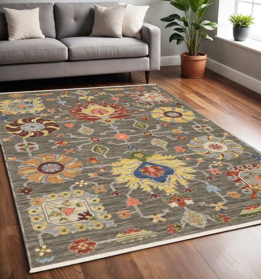 5' X 8' Grey Charcoal Yellow Blue Rust Red Pink Green And Ivory Oriental Power Loom Stain Resistant Area Rug With Fringe - Homeroots - Flyclothing LLC