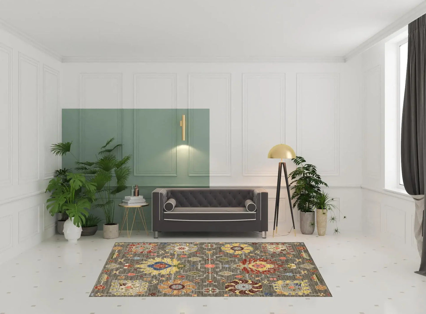 6' X 9' Grey Charcoal Yellow Blue Rust Red Pink Green And Ivory Oriental Power Loom Stain Resistant Area Rug With Fringe - Homeroots - Flyclothing LLC