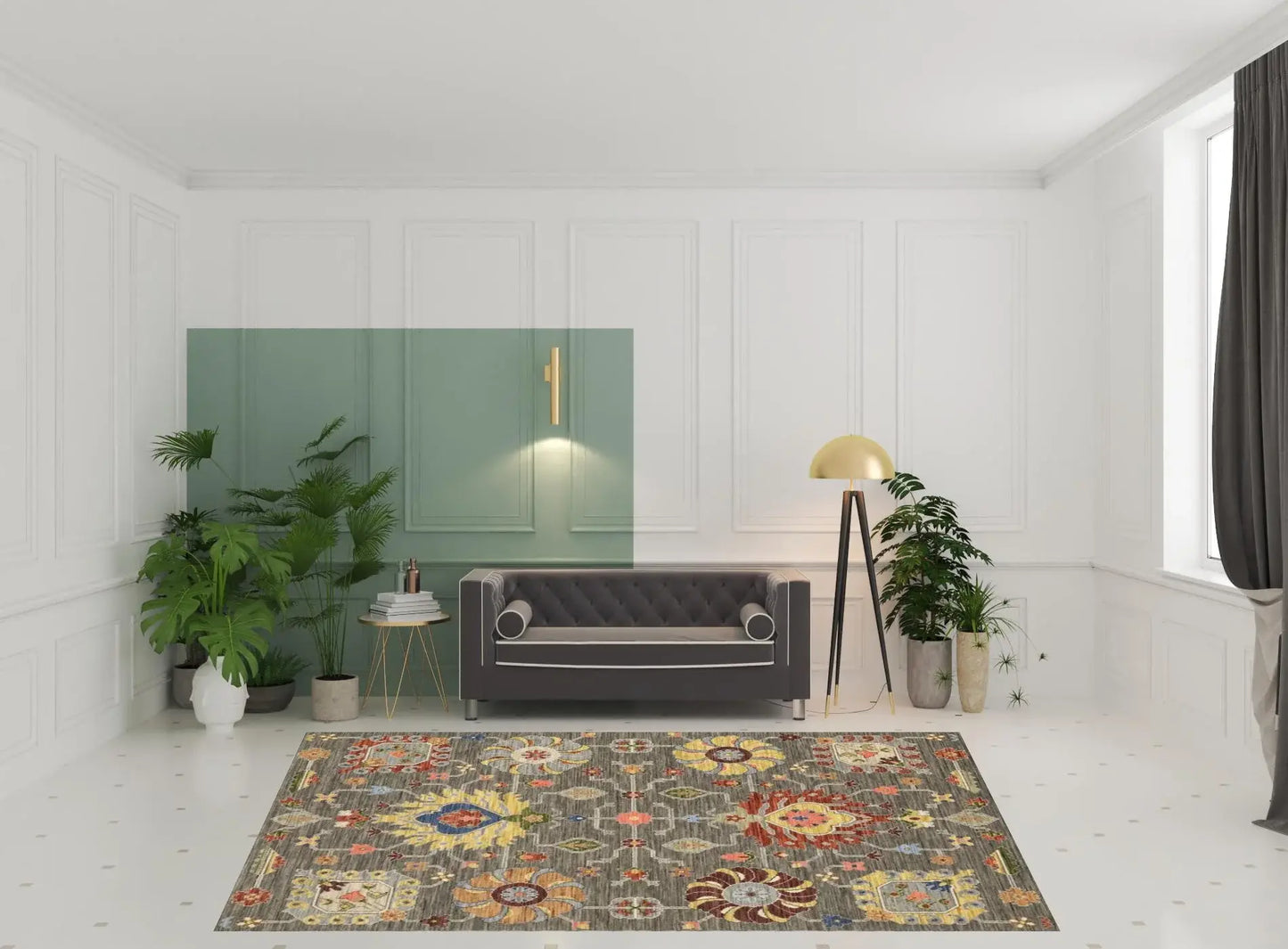 8' X 11' Grey Charcoal Yellow Blue Rust Red Pink Green And Ivory Oriental Power Loom Stain Resistant Area Rug With Fringe - Homeroots - Flyclothing LLC