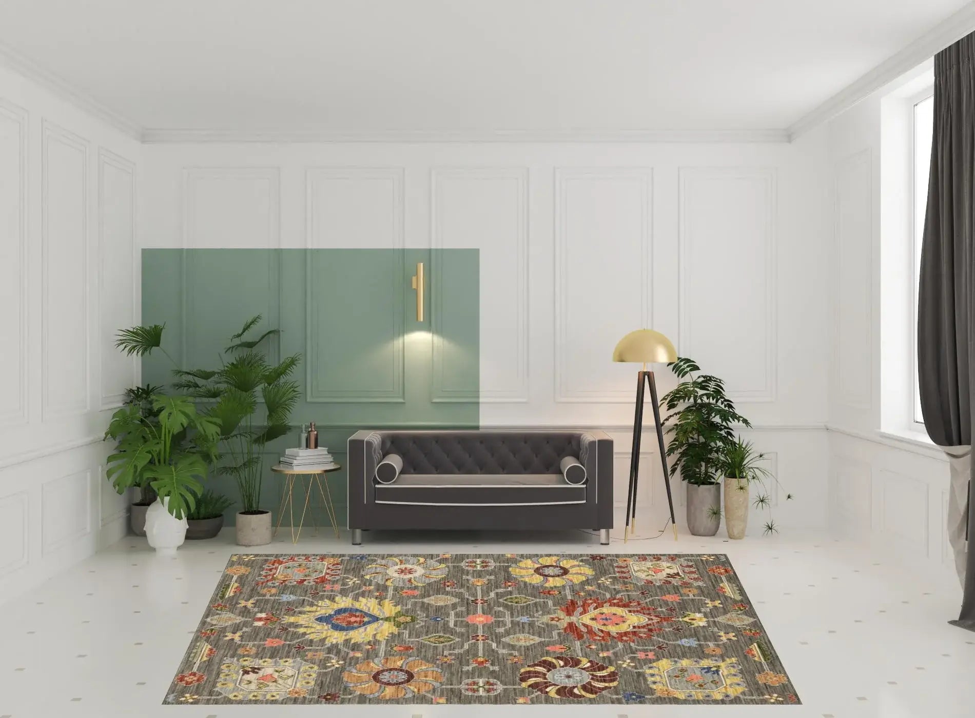 8' X 11' Grey Charcoal Yellow Blue Rust Red Pink Green And Ivory Oriental Power Loom Stain Resistant Area Rug With Fringe - Homeroots - Flyclothing LLC