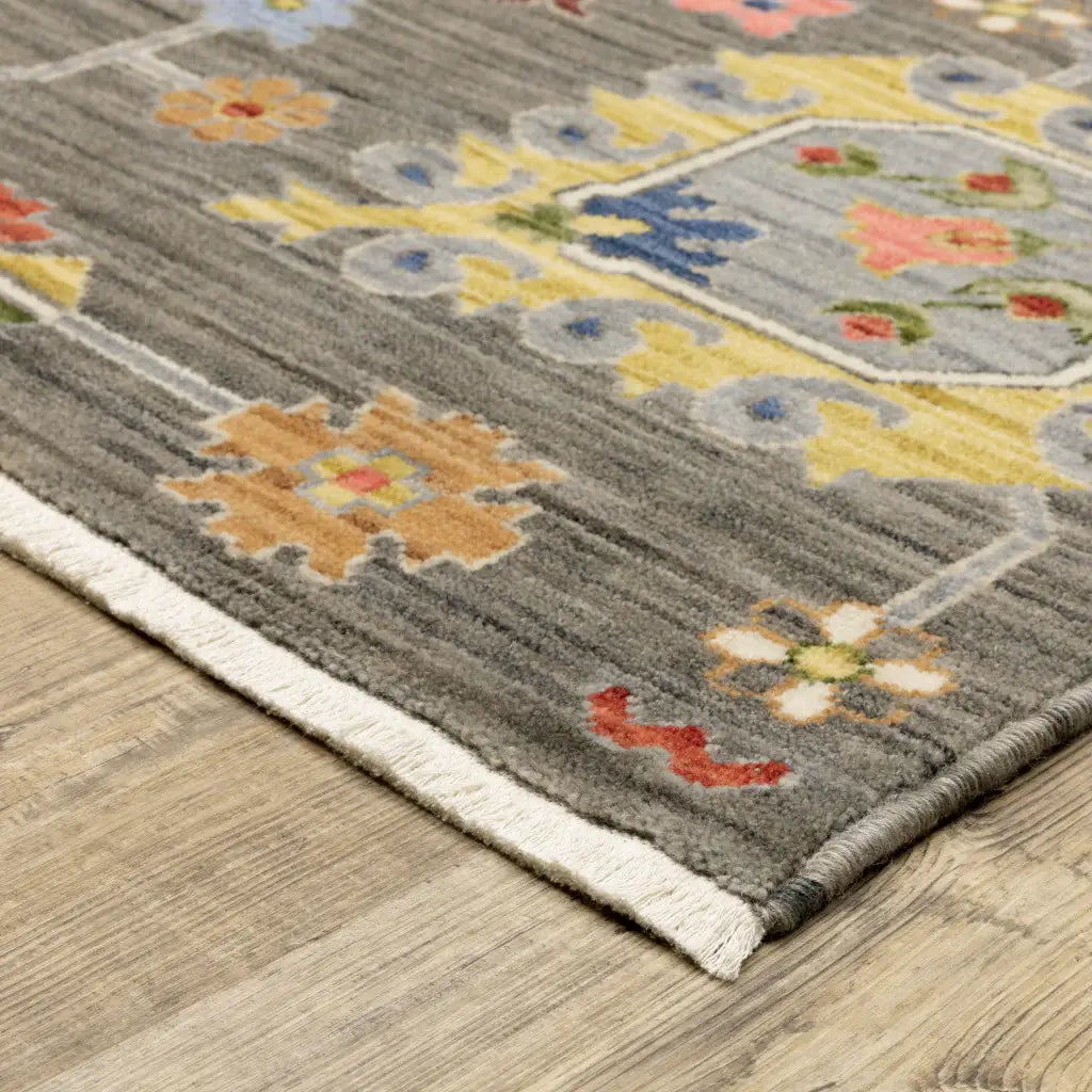8' X 11' Grey Charcoal Yellow Blue Rust Red Pink Green And Ivory Oriental Power Loom Stain Resistant Area Rug With Fringe - Homeroots - Flyclothing LLC