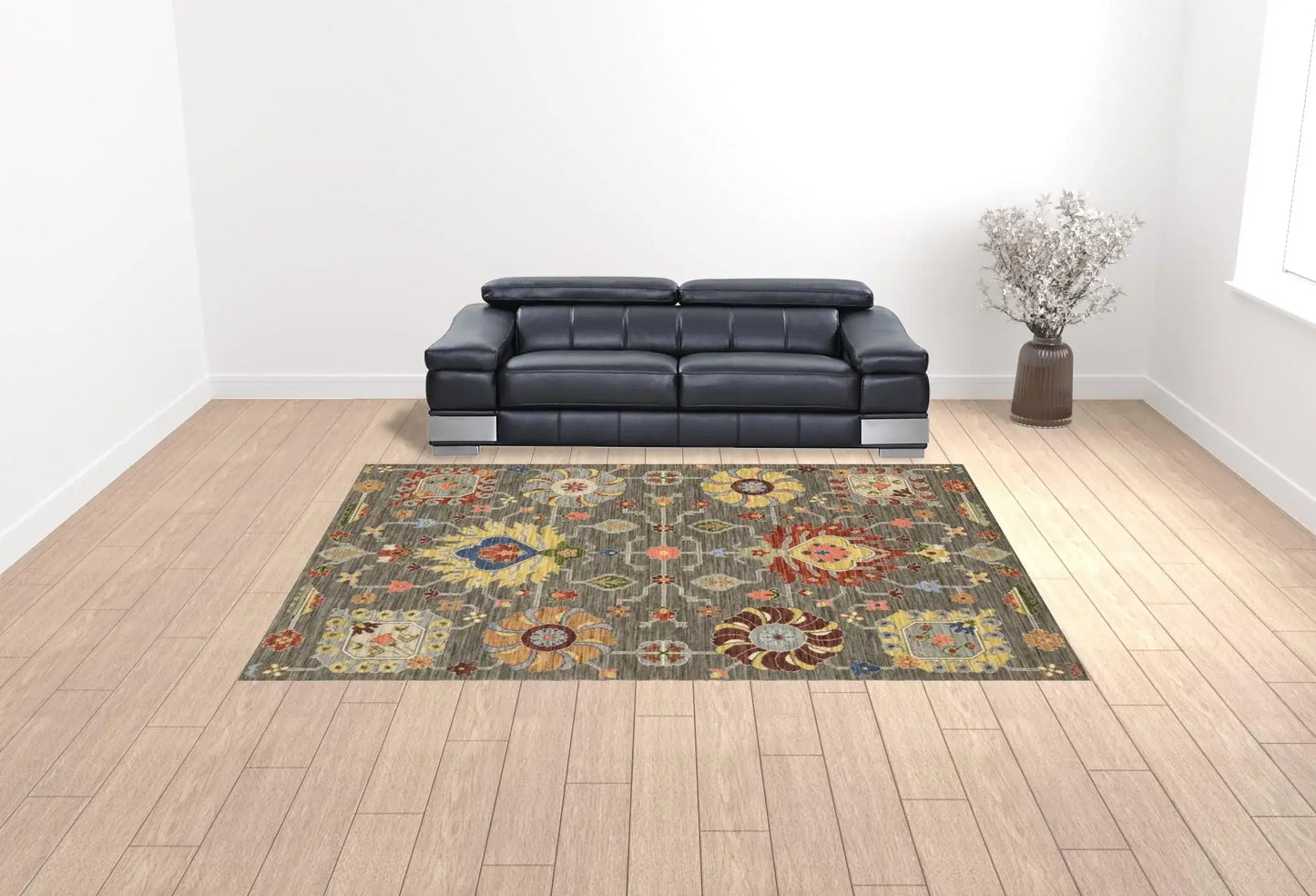 10' X 13' Grey Charcoal Yellow Blue Rust Red Pink Green And Ivory Oriental Power Loom Stain Resistant Area Rug With Fringe - Homeroots - Flyclothing LLC