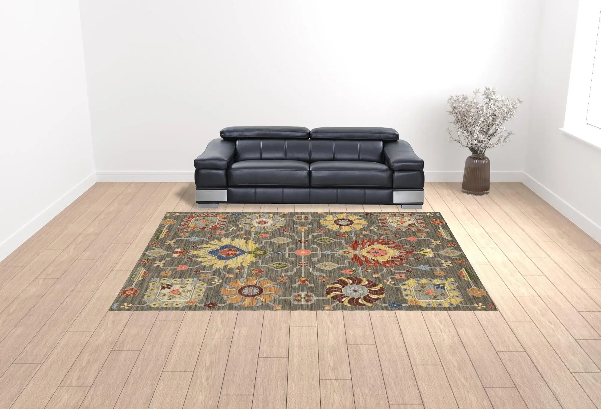 10' X 13' Grey Charcoal Yellow Blue Rust Red Pink Green And Ivory Oriental Power Loom Stain Resistant Area Rug With Fringe - Homeroots - Flyclothing LLC