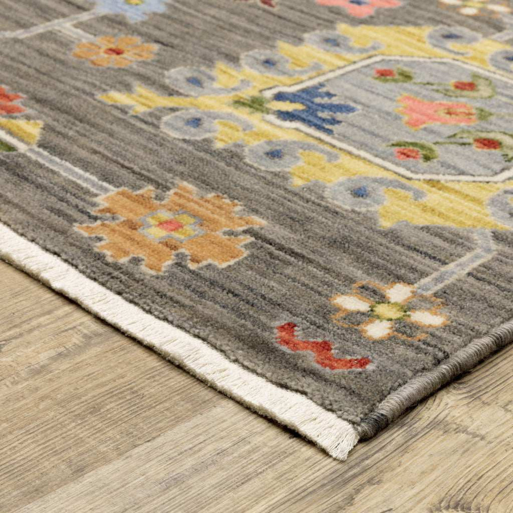 10' X 13' Grey Charcoal Yellow Blue Rust Red Pink Green And Ivory Oriental Power Loom Stain Resistant Area Rug With Fringe - Homeroots - Flyclothing LLC