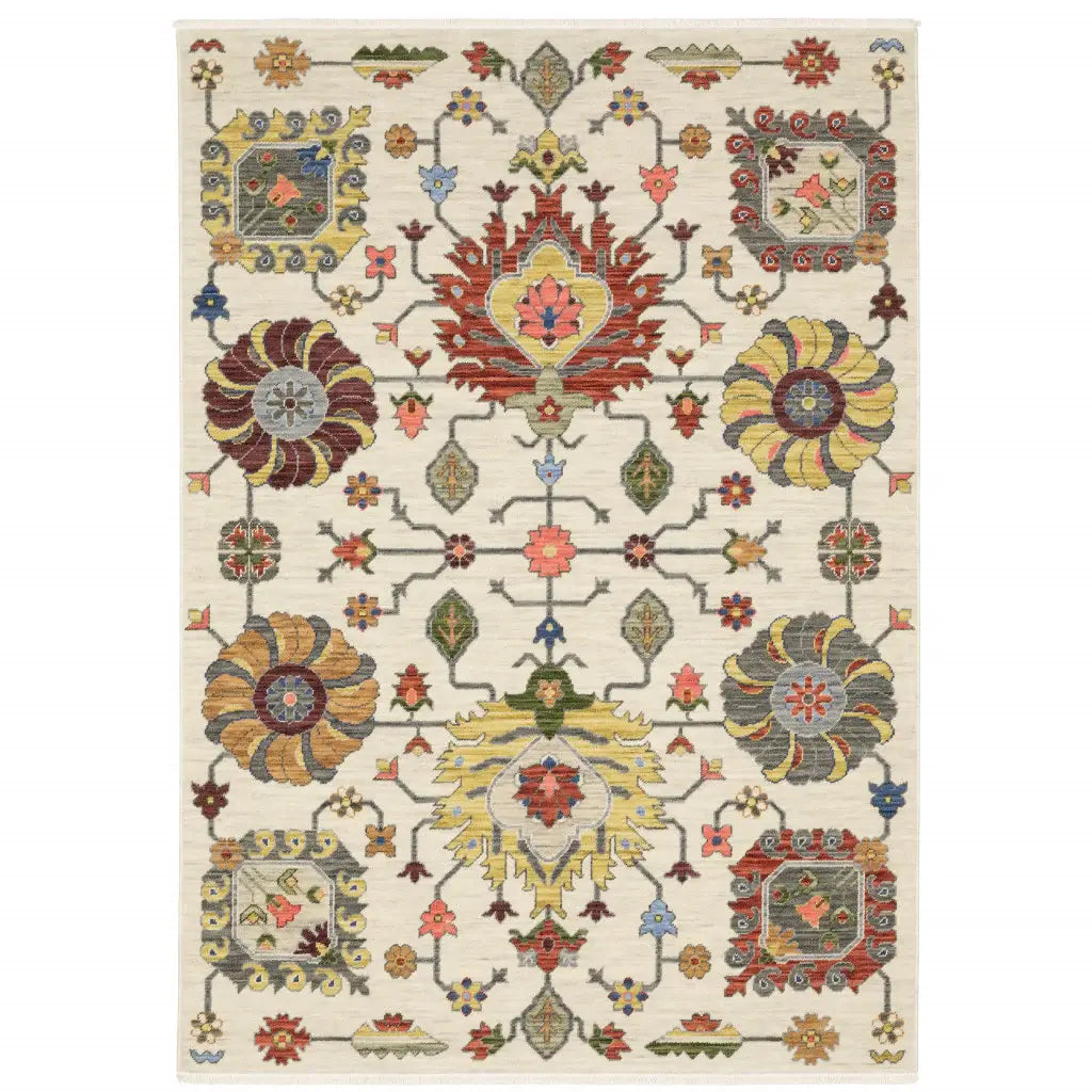 2' X 3' Ivory Yellow Rust Green Grey Pink Orange Blue And Grey Oriental Power Loom Stain Resistant Area Rug With Fringe - Homeroots - Flyclothing LLC