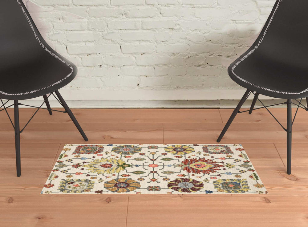 2' X 3' Ivory Yellow Rust Green Grey Pink Orange Blue And Grey Oriental Power Loom Stain Resistant Area Rug With Fringe - Homeroots - Flyclothing LLC