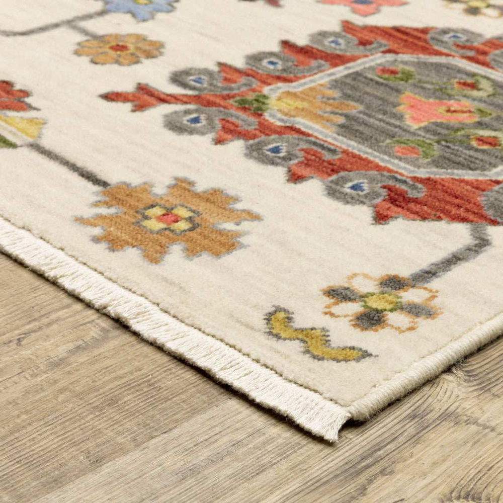 2' X 3' Ivory Yellow Rust Green Grey Pink Orange Blue And Grey Oriental Power Loom Stain Resistant Area Rug With Fringe - Homeroots - Flyclothing LLC
