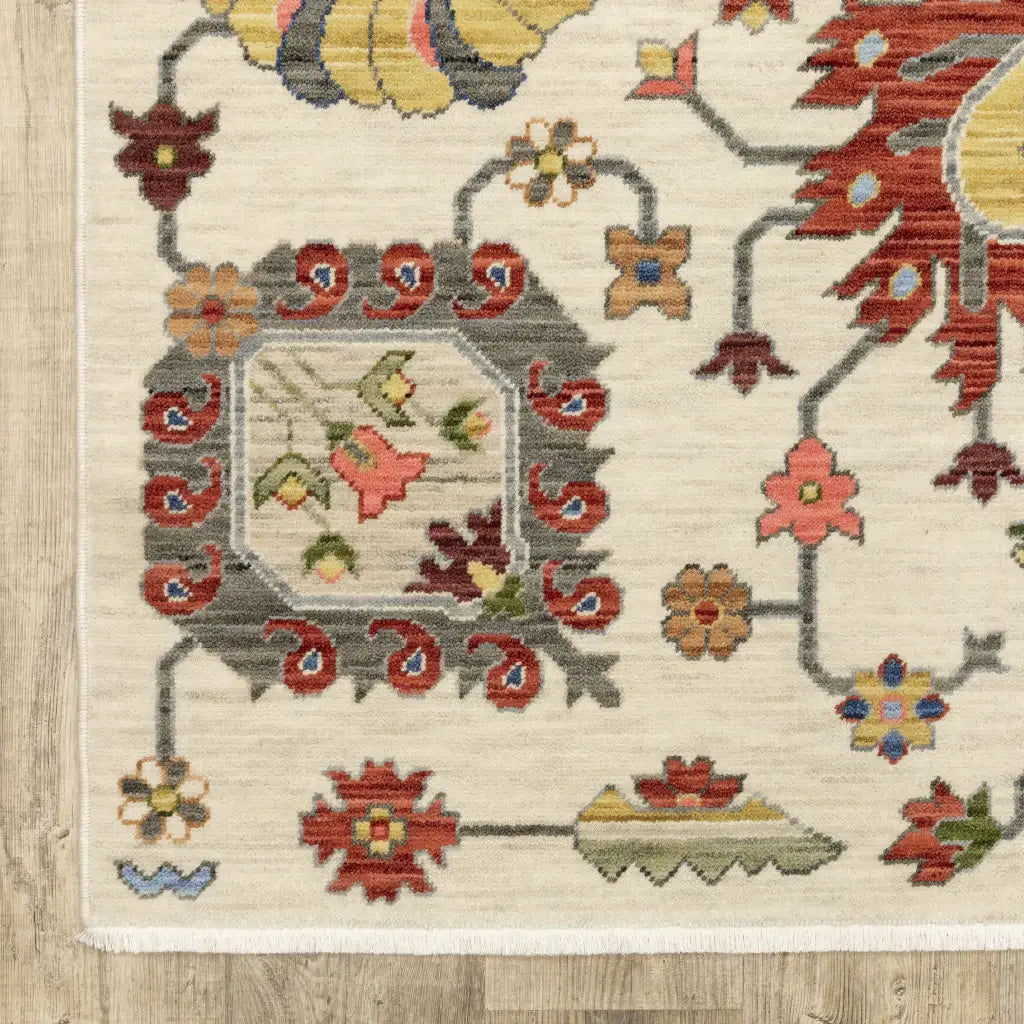 2' X 3' Ivory Yellow Rust Green Grey Pink Orange Blue And Grey Oriental Power Loom Stain Resistant Area Rug With Fringe - Homeroots - Flyclothing LLC