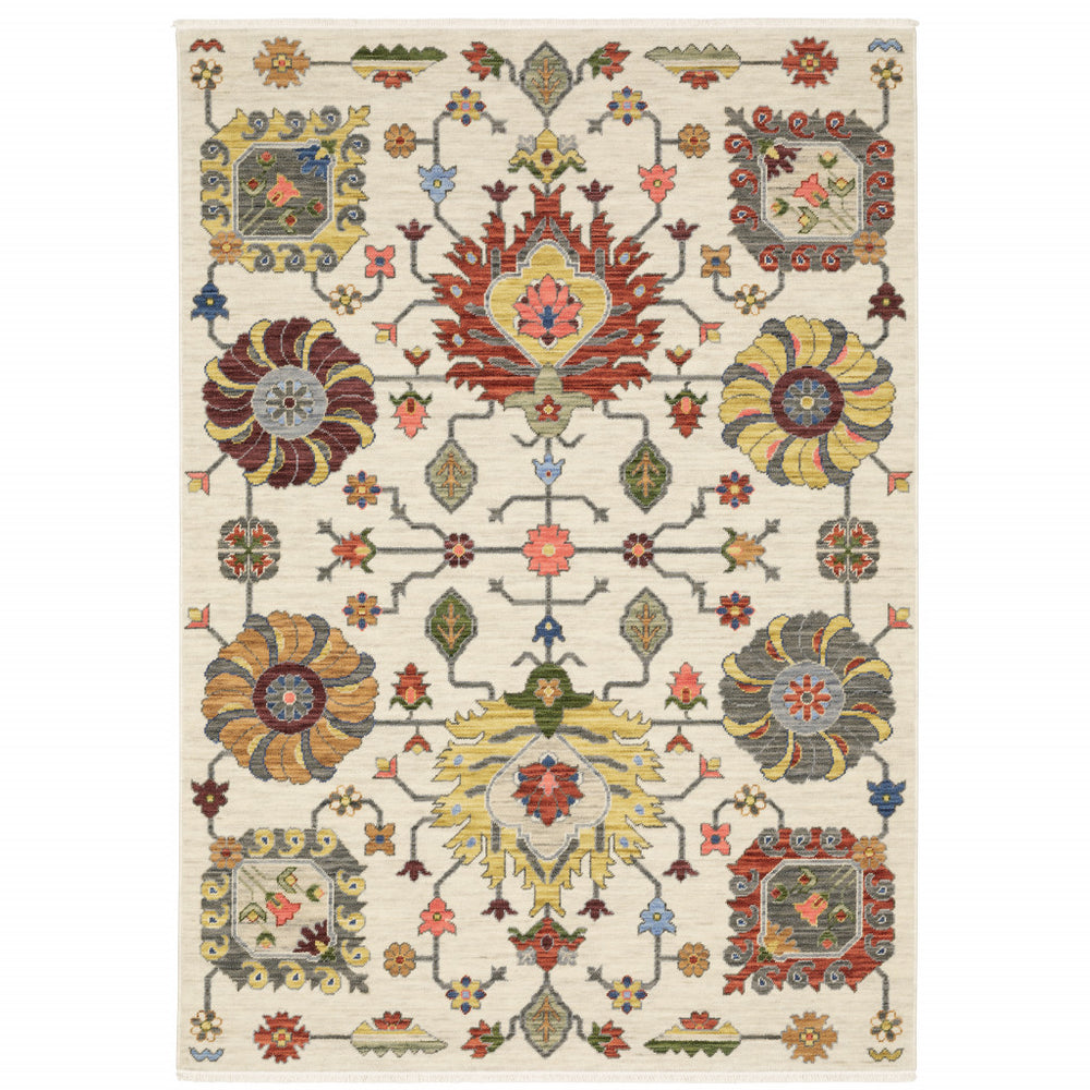 2' X 6' Ivory Yellow Rust Green Grey Pink Orange Blue And Grey Oriental Power Loom Stain Resistant Runner Rug With Fringe - Homeroots