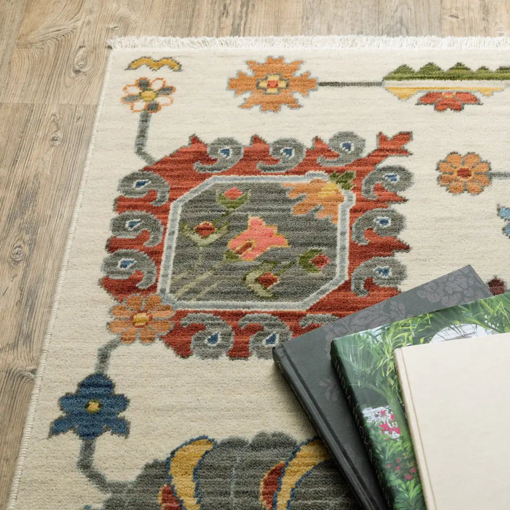 2' X 6' Ivory Yellow Rust Green Grey Pink Orange Blue And Grey Oriental Power Loom Stain Resistant Runner Rug With Fringe - Homeroots - Flyclothing LLC