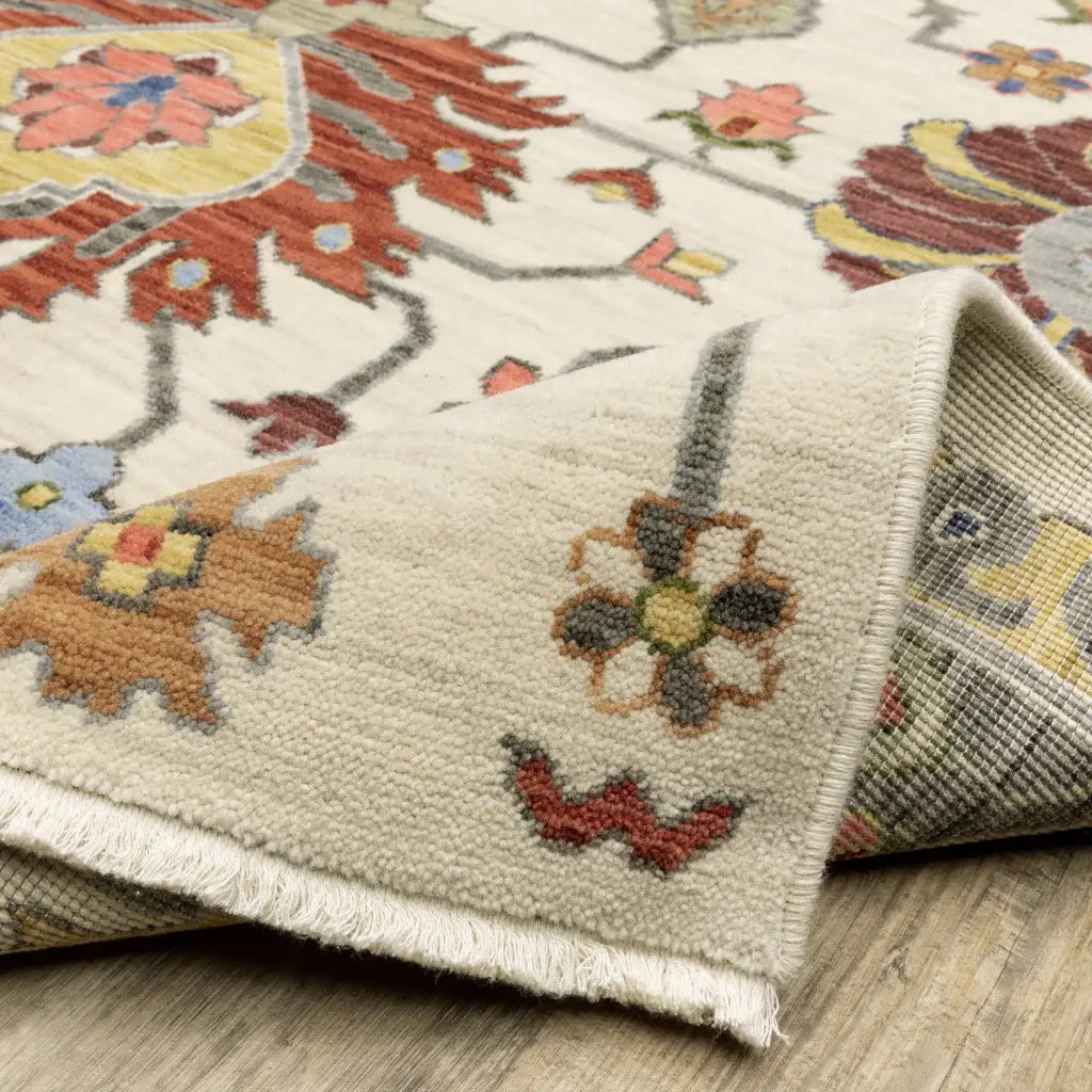 2' X 6' Ivory Yellow Rust Green Grey Pink Orange Blue And Grey Oriental Power Loom Stain Resistant Runner Rug With Fringe - Homeroots - Flyclothing LLC