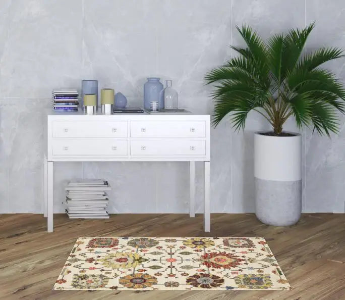 3' X 5' Ivory Yellow Rust Green Grey Pink Orange Blue And Grey Oriental Power Loom Stain Resistant Area Rug With Fringe - Homeroots - Flyclothing LLC