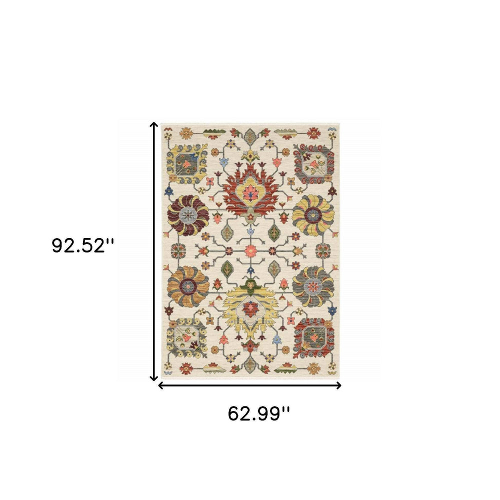 5' X 8' Ivory Yellow Rust Green Grey Pink Orange Blue And Grey Oriental Power Loom Stain Resistant Area Rug With Fringe - Homeroots - Flyclothing LLC