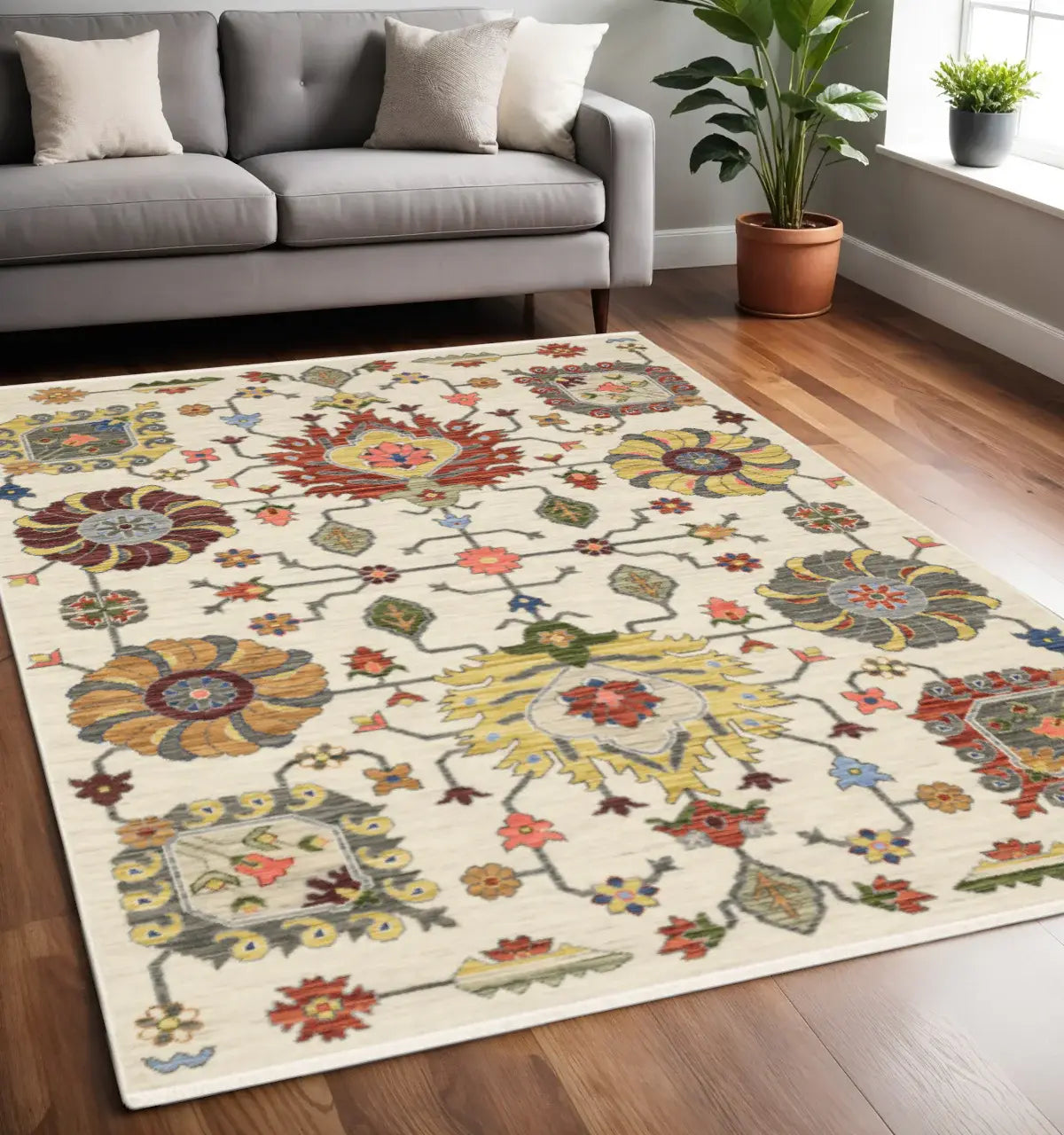 5' X 8' Ivory Yellow Rust Green Grey Pink Orange Blue And Grey Oriental Power Loom Stain Resistant Area Rug With Fringe - Homeroots - Flyclothing LLC