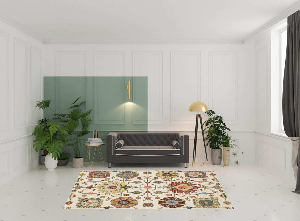 6' X 9' Ivory Yellow Rust Green Grey Pink Orange Blue And Grey Oriental Power Loom Stain Resistant Area Rug With Fringe - Homeroots - Flyclothing LLC