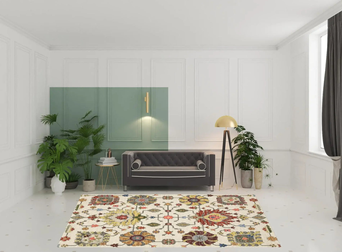 8' X 11' Ivory Yellow Rust Green Grey Pink Orange Blue And Grey Oriental Power Loom Stain Resistant Area Rug With Fringe - Homeroots - Flyclothing LLC