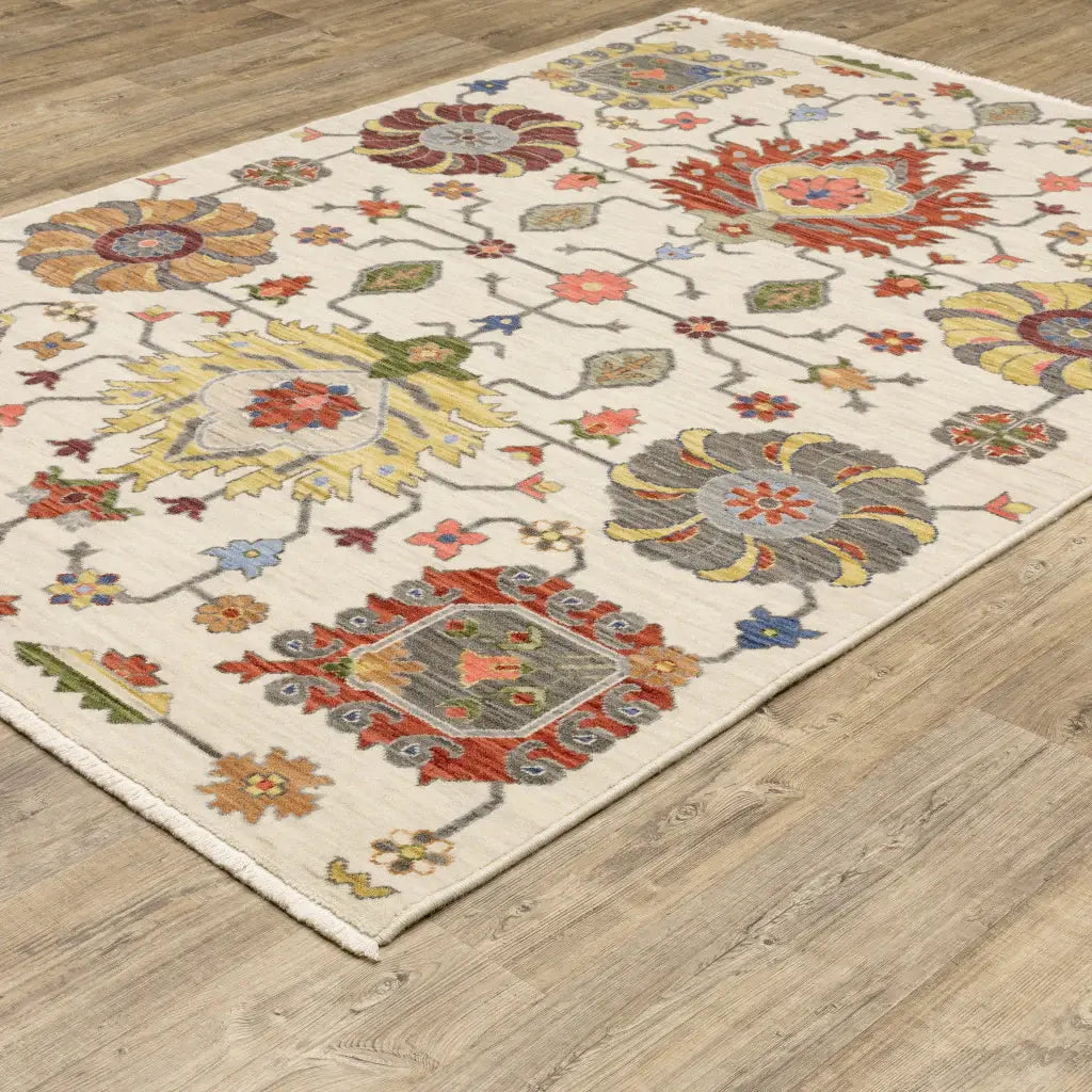 10' X 13' Ivory Yellow Rust Green Grey Pink Orange Blue And Grey Oriental Power Loom Stain Resistant Area Rug With Fringe - Homeroots - Flyclothing LLC