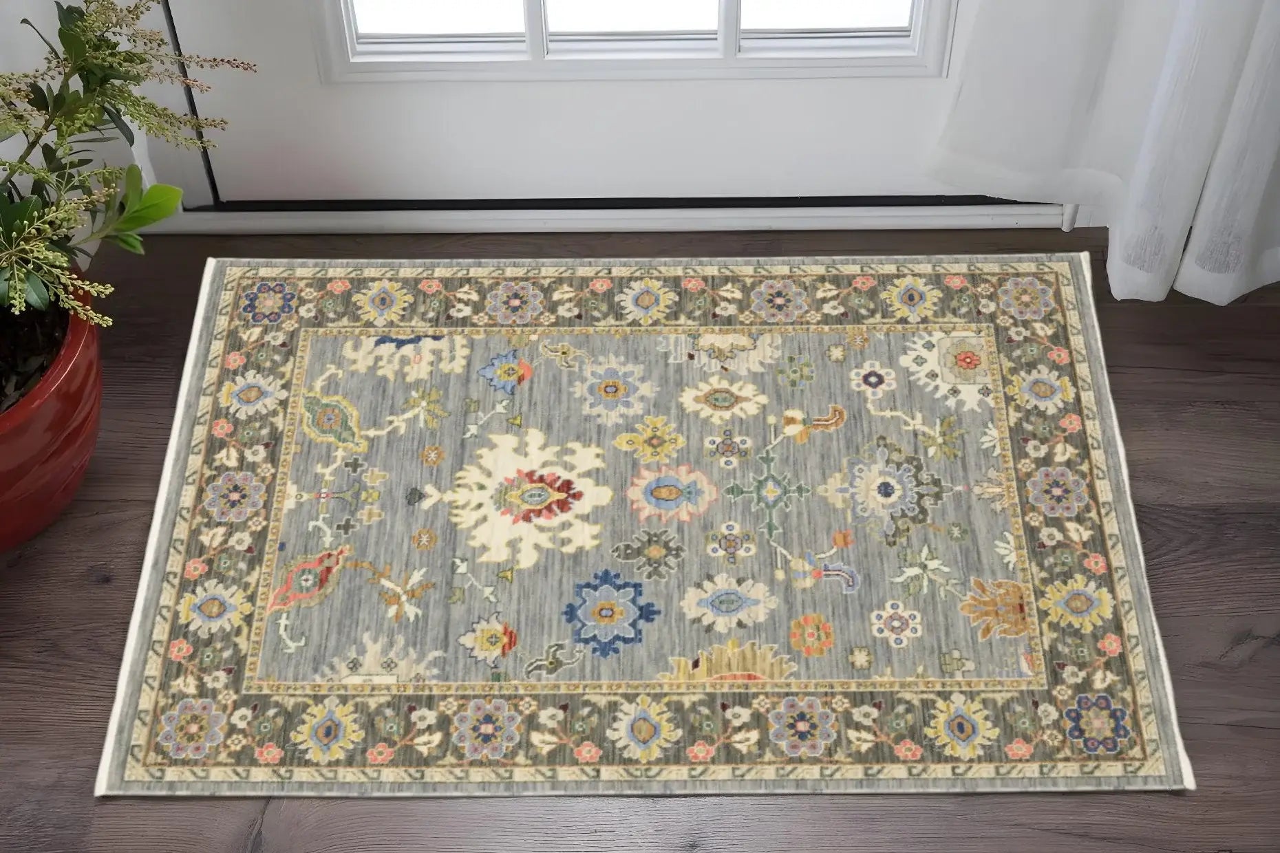 3' X 5' Blue Grey Gold Green Pink Orange Ivory And Red Oriental Power Loom Stain Resistant Area Rug With Fringe - Homeroots - Flyclothing LLC