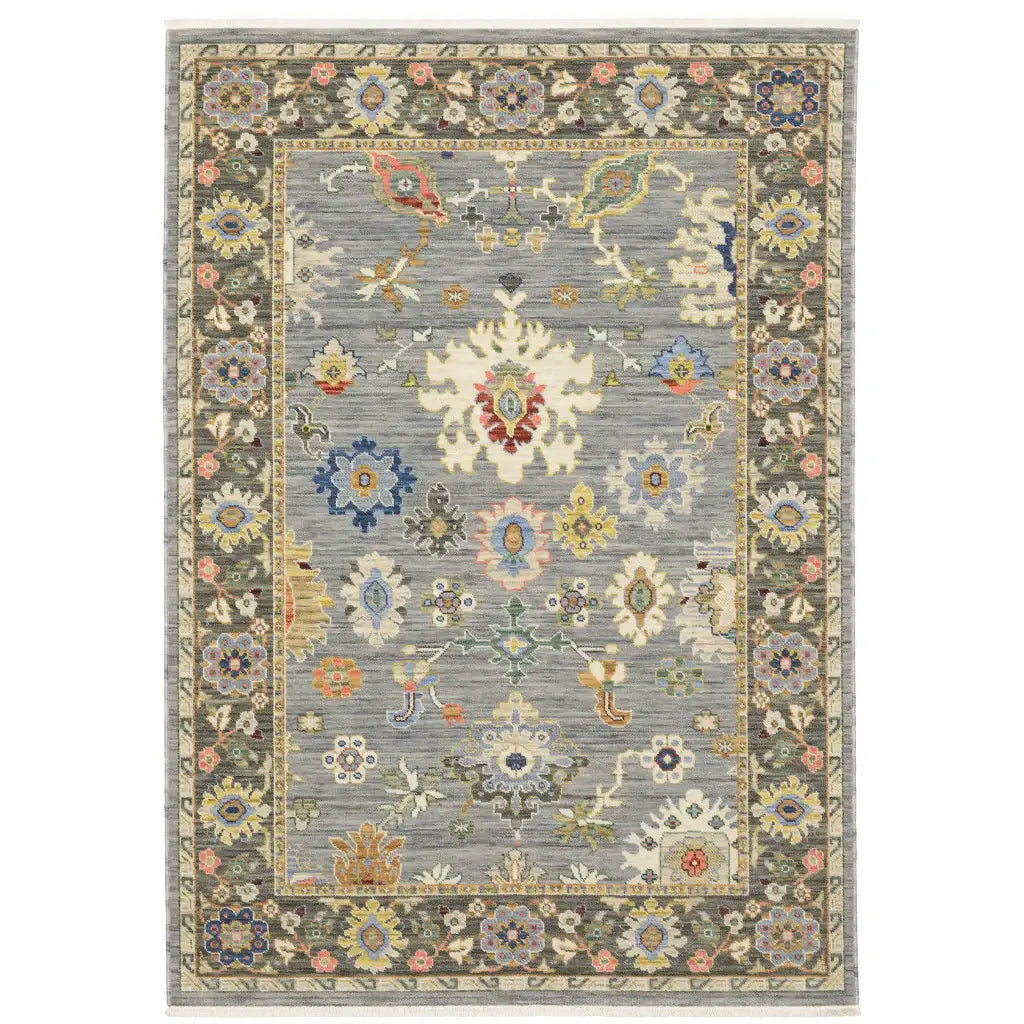 8' X 11' Blue Grey Gold Green Pink Orange Ivory And Red Oriental Power Loom Stain Resistant Area Rug With Fringe - Homeroots - Flyclothing LLC