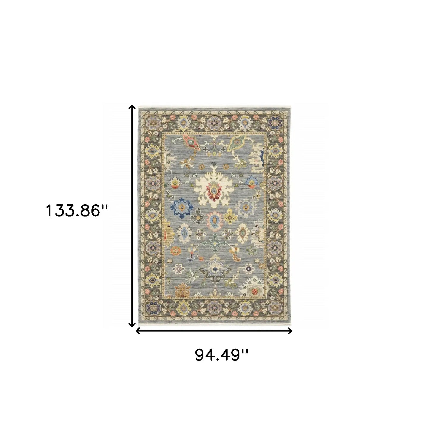 8' X 11' Blue Grey Gold Green Pink Orange Ivory And Red Oriental Power Loom Stain Resistant Area Rug With Fringe - Homeroots - Flyclothing LLC