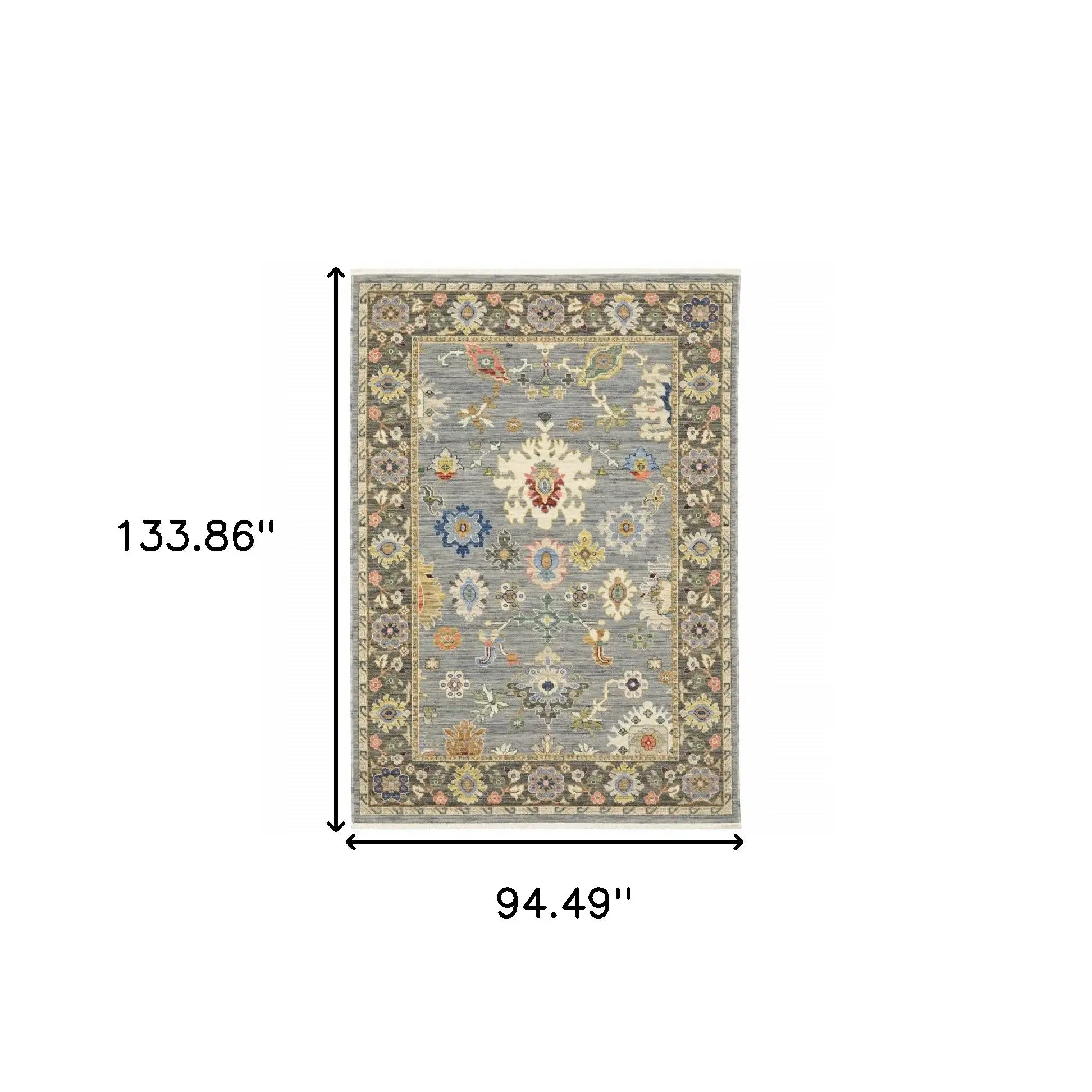 8' X 11' Blue Grey Gold Green Pink Orange Ivory And Red Oriental Power Loom Stain Resistant Area Rug With Fringe - Homeroots - Flyclothing LLC