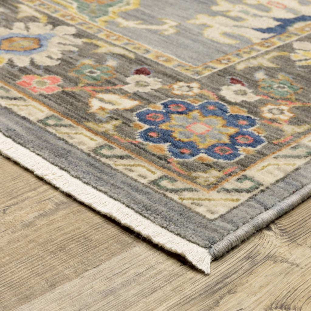 8' X 11' Blue Grey Gold Green Pink Orange Ivory And Red Oriental Power Loom Stain Resistant Area Rug With Fringe - Homeroots - Flyclothing LLC