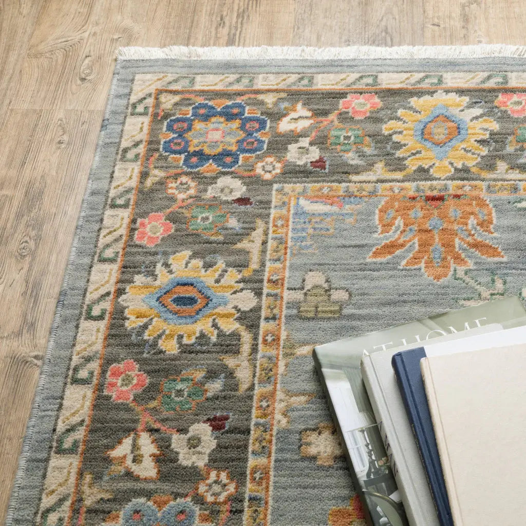 8' X 11' Blue Grey Gold Green Pink Orange Ivory And Red Oriental Power Loom Stain Resistant Area Rug With Fringe - Homeroots - Flyclothing LLC