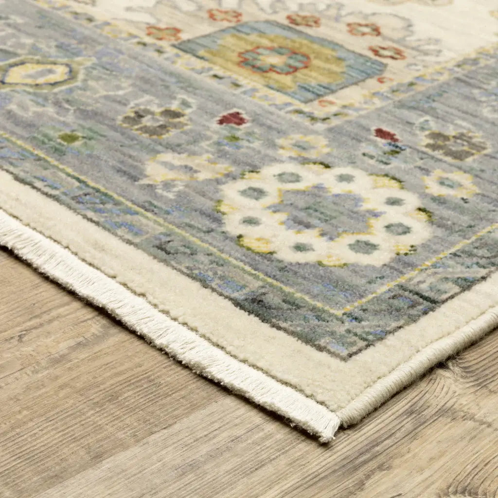 2' X 6' Ivory Blue Grey Teal Gold Green And Rust Oriental Power Loom Stain Resistant Runner Rug With Fringe - Homeroots - Flyclothing LLC