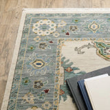 2' X 6' Ivory Blue Grey Teal Gold Green And Rust Oriental Power Loom Stain Resistant Runner Rug With Fringe - Homeroots - Flyclothing LLC