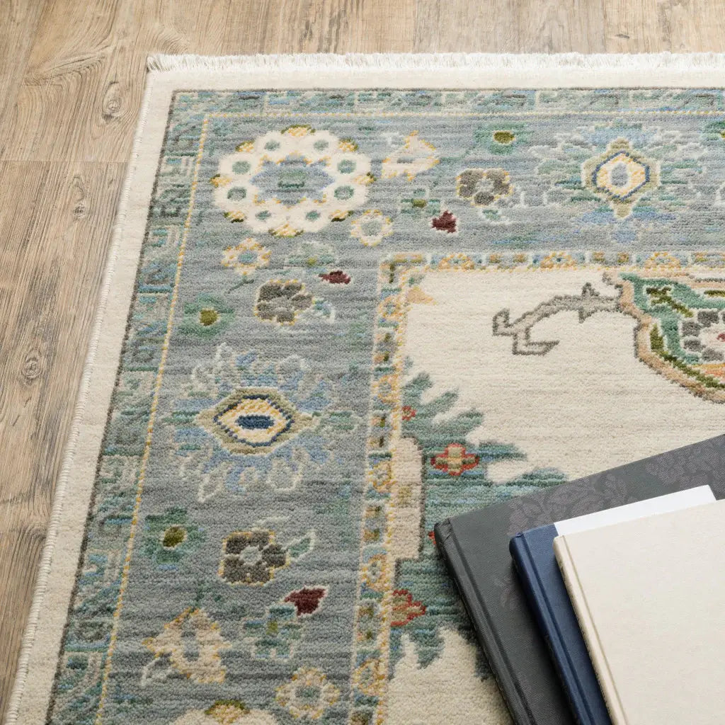 2' X 6' Ivory Blue Grey Teal Gold Green And Rust Oriental Power Loom Stain Resistant Runner Rug With Fringe - Homeroots - Flyclothing LLC