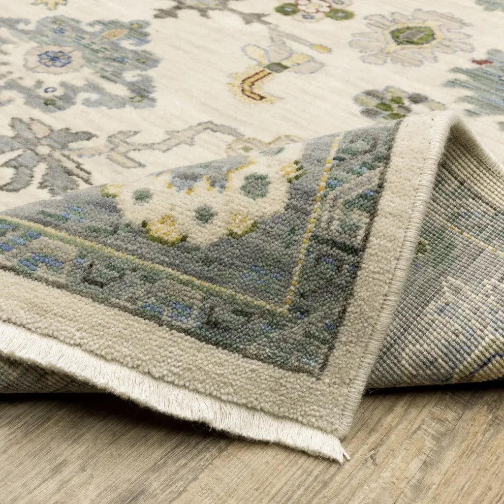 2' X 6' Ivory Blue Grey Teal Gold Green And Rust Oriental Power Loom Stain Resistant Runner Rug With Fringe - Homeroots - Flyclothing LLC