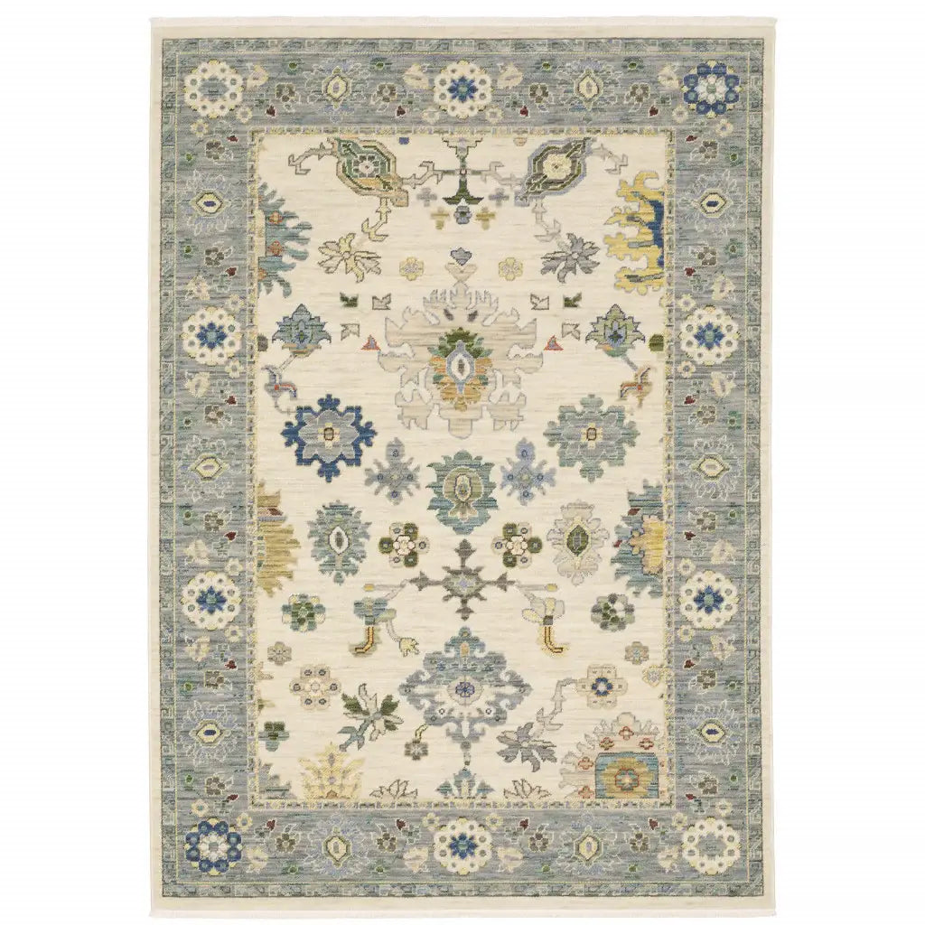 3' X 5' Ivory Blue Grey Teal Gold Green And Rust Oriental Power Loom Stain Resistant Area Rug With Fringe - Homeroots - Flyclothing LLC