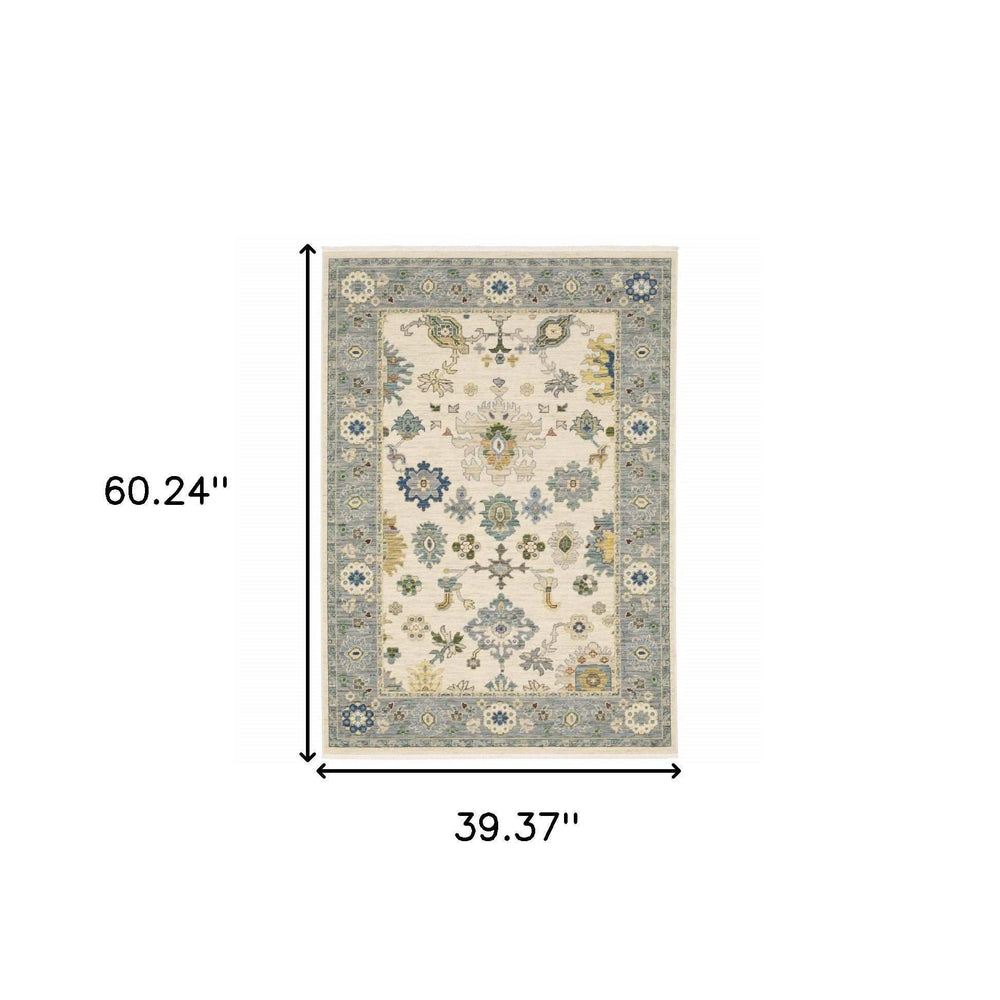 3' X 5' Ivory Blue Grey Teal Gold Green And Rust Oriental Power Loom Stain Resistant Area Rug With Fringe - Homeroots - Flyclothing LLC