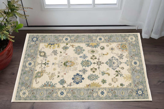 3' X 5' Ivory Blue Grey Teal Gold Green And Rust Oriental Power Loom Stain Resistant Area Rug With Fringe - Homeroots - Flyclothing LLC