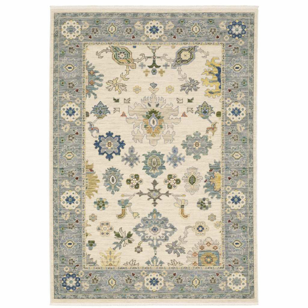 3' X 5' Ivory Blue Grey Teal Gold Green And Rust Oriental Power Loom Stain Resistant Area Rug With Fringe - Homeroots - Flyclothing LLC