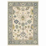 5' X 8' Ivory Blue Grey Teal Gold Green And Rust Oriental Power Loom Stain Resistant Area Rug With Fringe - Homeroots - Flyclothing LLC