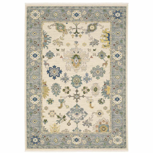 5' X 8' Ivory Blue Grey Teal Gold Green And Rust Oriental Power Loom Stain Resistant Area Rug With Fringe - Homeroots - Flyclothing LLC