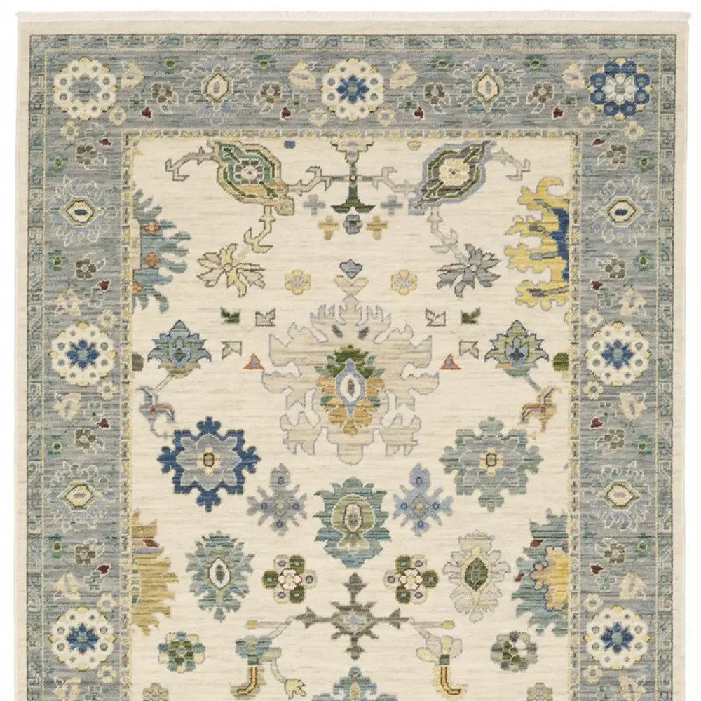 10' X 13' Ivory Blue Grey Teal Gold Green And Rust Oriental Power Loom Stain Resistant Area Rug With Fringe - Homeroots - Flyclothing LLC