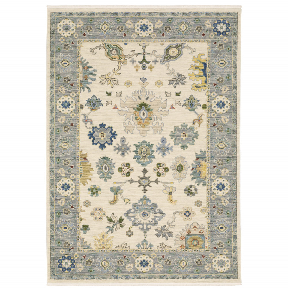 10' X 13' Ivory Blue Grey Teal Gold Green And Rust Oriental Power Loom Stain Resistant Area Rug With Fringe - Homeroots
