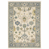 10' X 13' Ivory Blue Grey Teal Gold Green And Rust Oriental Power Loom Stain Resistant Area Rug With Fringe - Homeroots