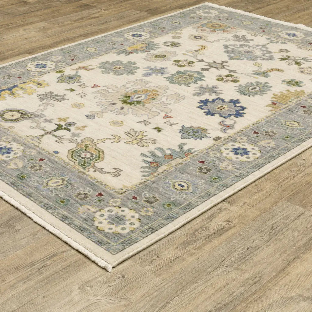 10' X 13' Ivory Blue Grey Teal Gold Green And Rust Oriental Power Loom Stain Resistant Area Rug With Fringe - Homeroots - Flyclothing LLC