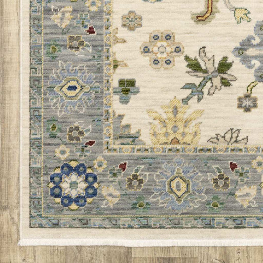 10' X 13' Ivory Blue Grey Teal Gold Green And Rust Oriental Power Loom Stain Resistant Area Rug With Fringe - Homeroots - Flyclothing LLC
