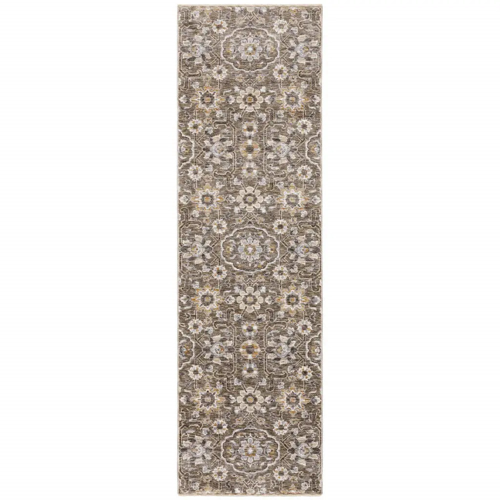 2' X 8' Grey And Tan Floral Power Loom Stain Resistant Runner Rug With Fringe - Homeroots - Flyclothing LLC