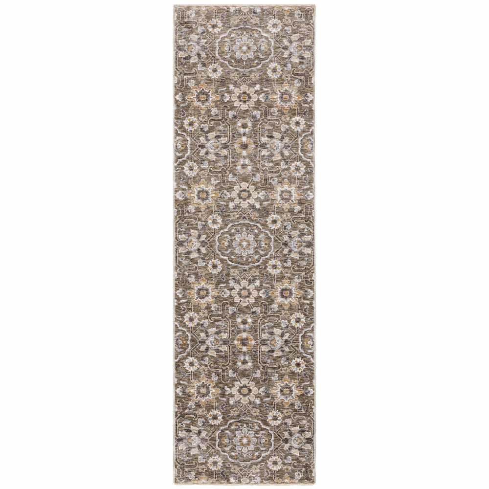 2' X 8' Grey And Tan Floral Power Loom Stain Resistant Runner Rug With Fringe