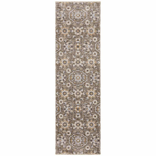2' X 8' Grey And Tan Floral Power Loom Stain Resistant Runner Rug With Fringe - Homeroots - Flyclothing LLC