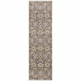 2' X 8' Grey And Tan Floral Power Loom Stain Resistant Runner Rug With Fringe