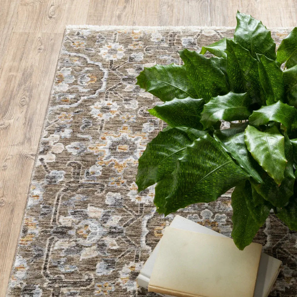 2' X 8' Grey And Tan Floral Power Loom Stain Resistant Runner Rug With Fringe - Homeroots - Flyclothing LLC
