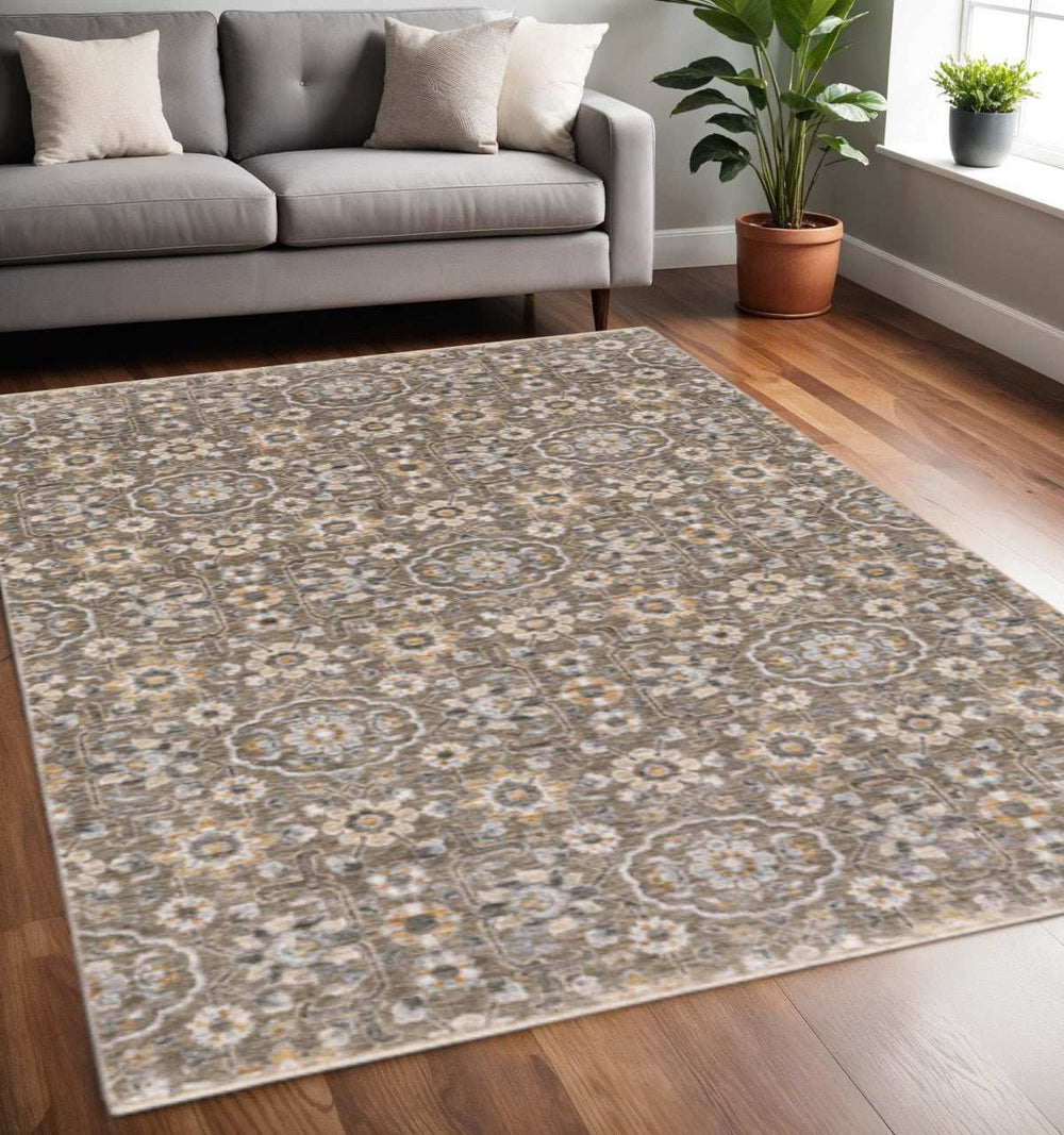 5' X 8' Grey And Tan Floral Power Loom Stain Resistant Area Rug With Fringe - Homeroots - Flyclothing LLC