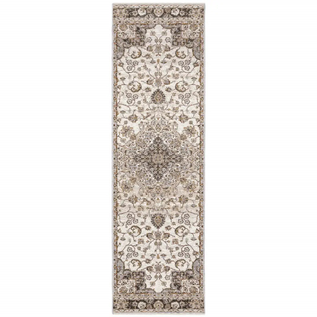 2' X 8' Ivory And Blue Oriental Power Loom Stain Resistant Runner Rug With Fringe - Homeroots - Flyclothing LLC