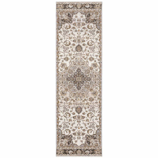 2' X 8' Ivory And Blue Oriental Power Loom Stain Resistant Runner Rug With Fringe - Homeroots - Flyclothing LLC